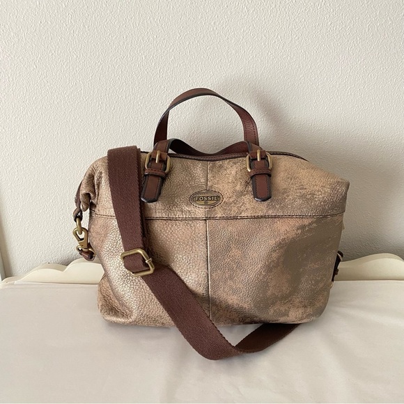 Fossil Explorer Leather Metallic Gold Brown Crossbody Large Satchel Tote Bag - Picture 2 of 8
